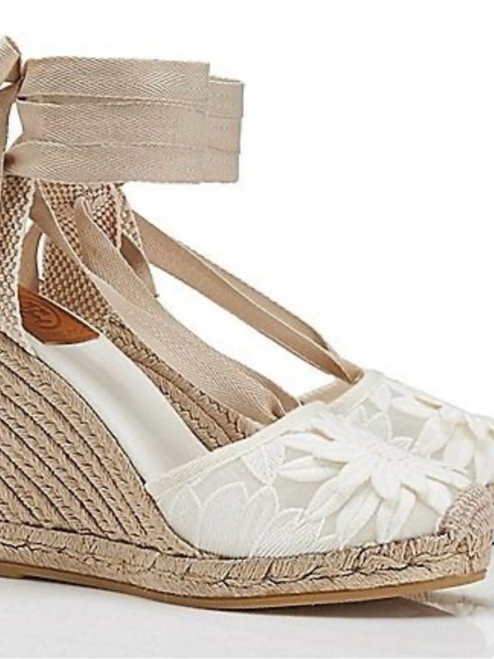 NIB Tory Burch Emil Espadrille Wedge Lace Ankle-Tie Sandal in Ivory